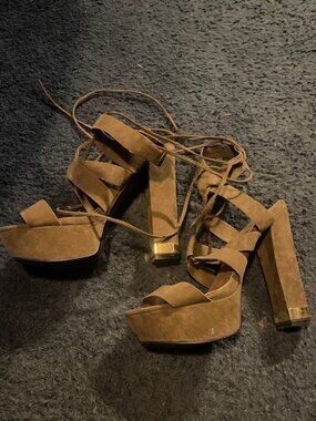 Tan Suede Lace up Heeled Sandals Sz 7